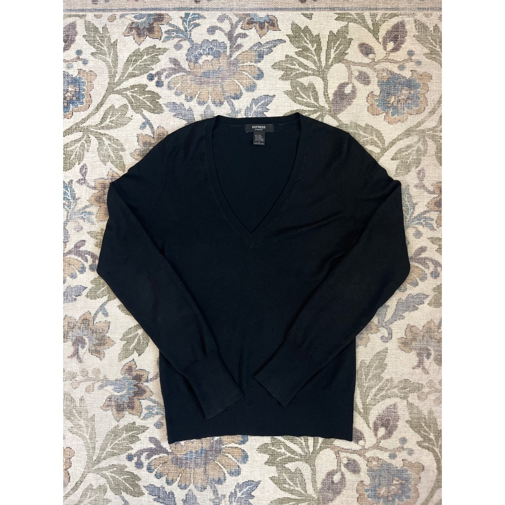 Express V-Neck Sweater Womens Large Black Good Silk Blend Knit Stretch